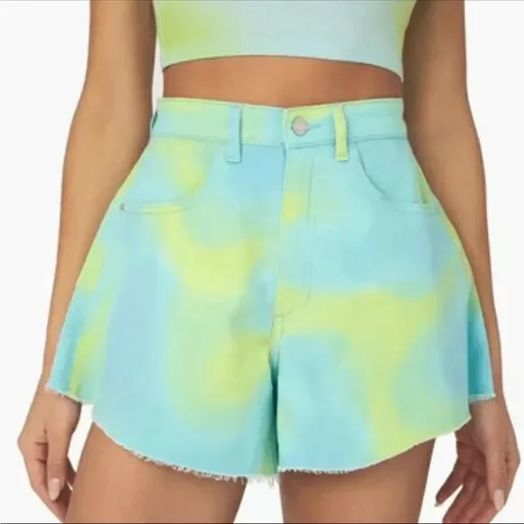NWT WeWoreWhat Tie Dye Stretch Twill Denim Flare Bell Shorts - Picture 2 of 6